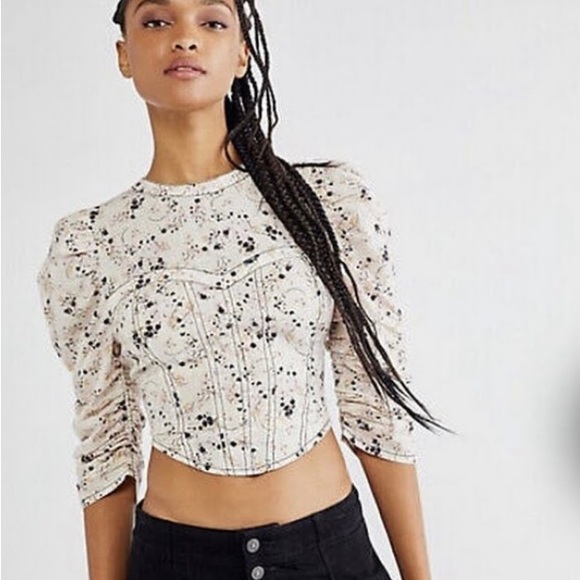 Free People corset style puff sleeve floral open back top. Size small - Picture 3 of 7